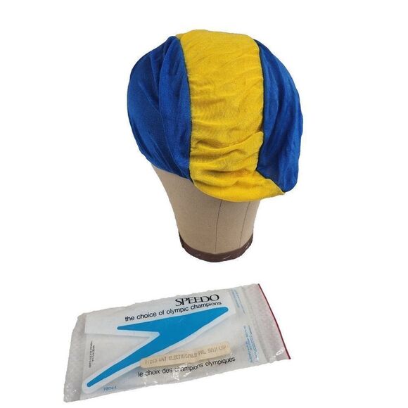 Vintage 80s Speedo Panel Swim Cap Electric Blue Gold Lycra Deadstock - Picture 1 of 3